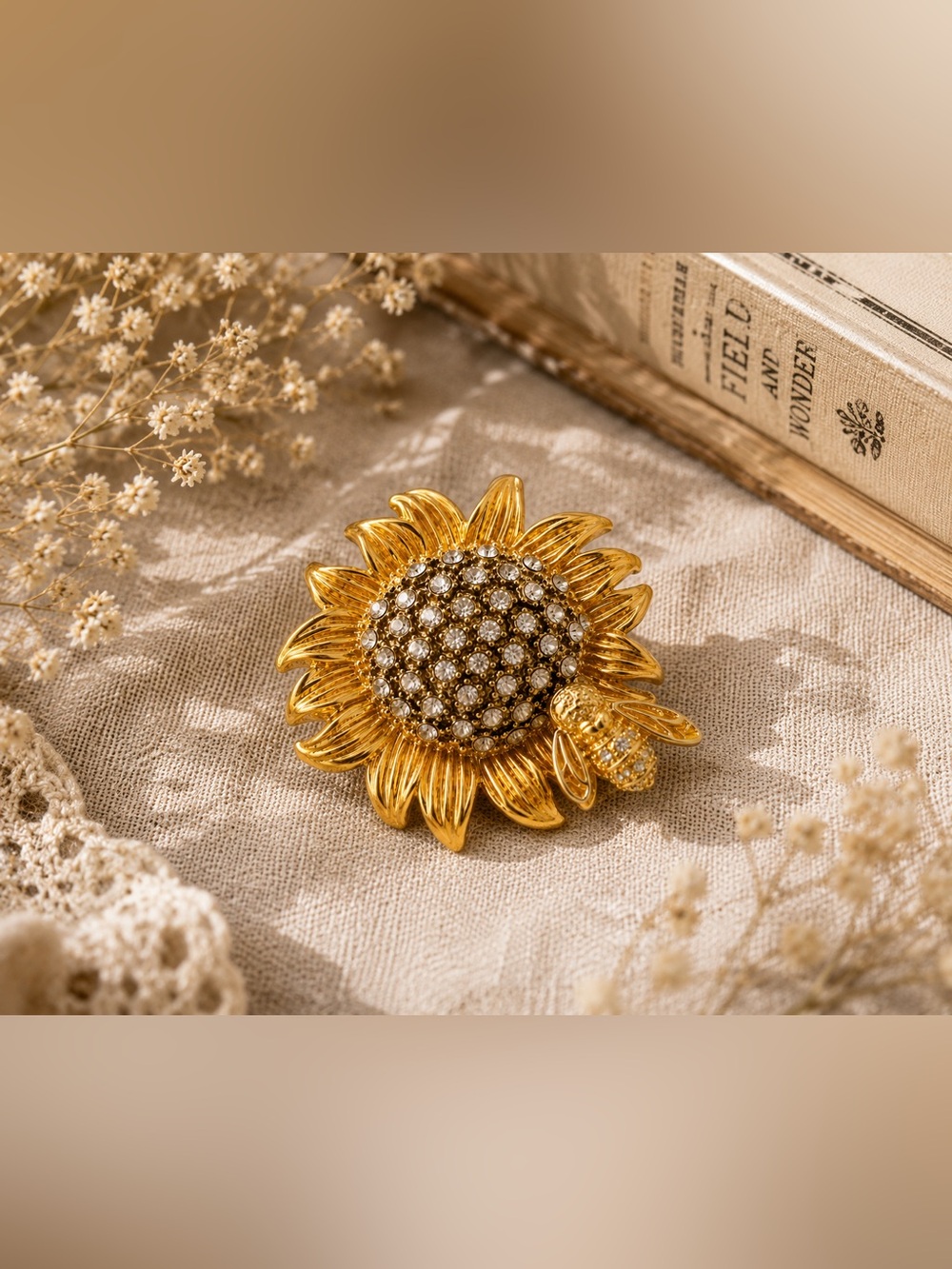 Gold Sunflower & Bee Brooch with Rhinestones